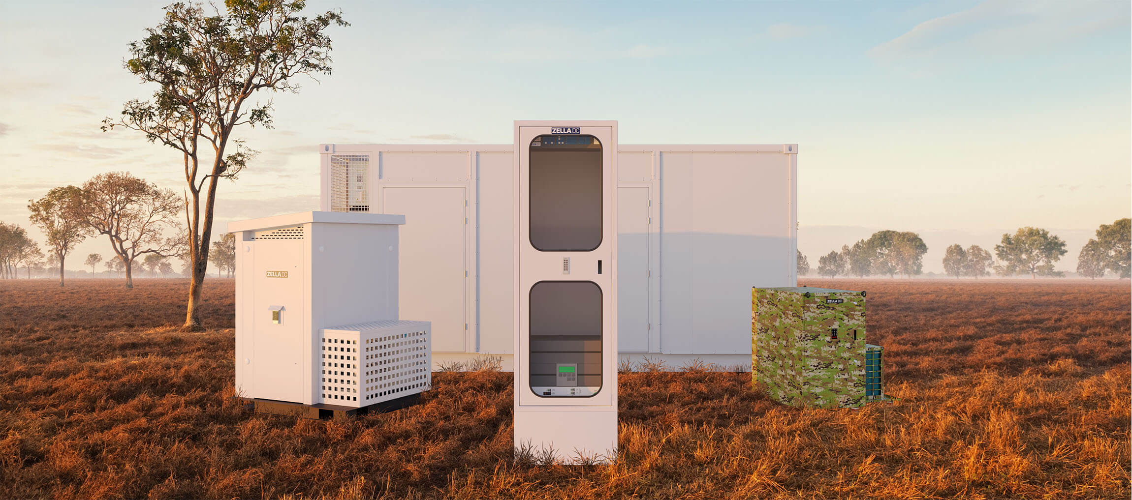 Zella DC micro data centre range including Zella Outback, Zella Pro, Zella Max, and Zella Fort deployed in a remote outdoor environment.